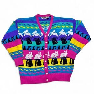Gerard Works 80s Vintage Magician Magic Rabbit Sweater Cardigan Small